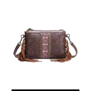 Western Crossbody Bag‎ Aztec Floral Embossed Fringe Purse Adjustable Strap